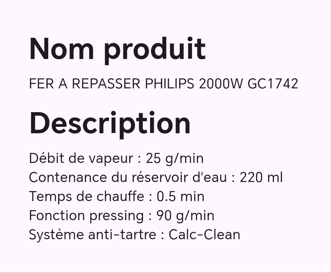FER A REPASSER PHILIPS 2000W GV1742 FER A REPASSER PHILIPS 2000W GV1742