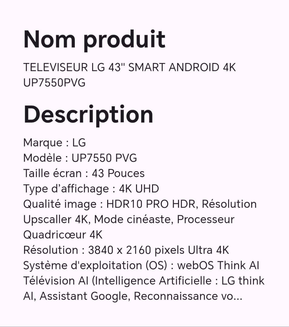 TELEVISEUR LG 43" SMART ANDROID 4K UP7550PVG TELEVISEUR LG 43" SMART ANDROID 4K UP7550PVG