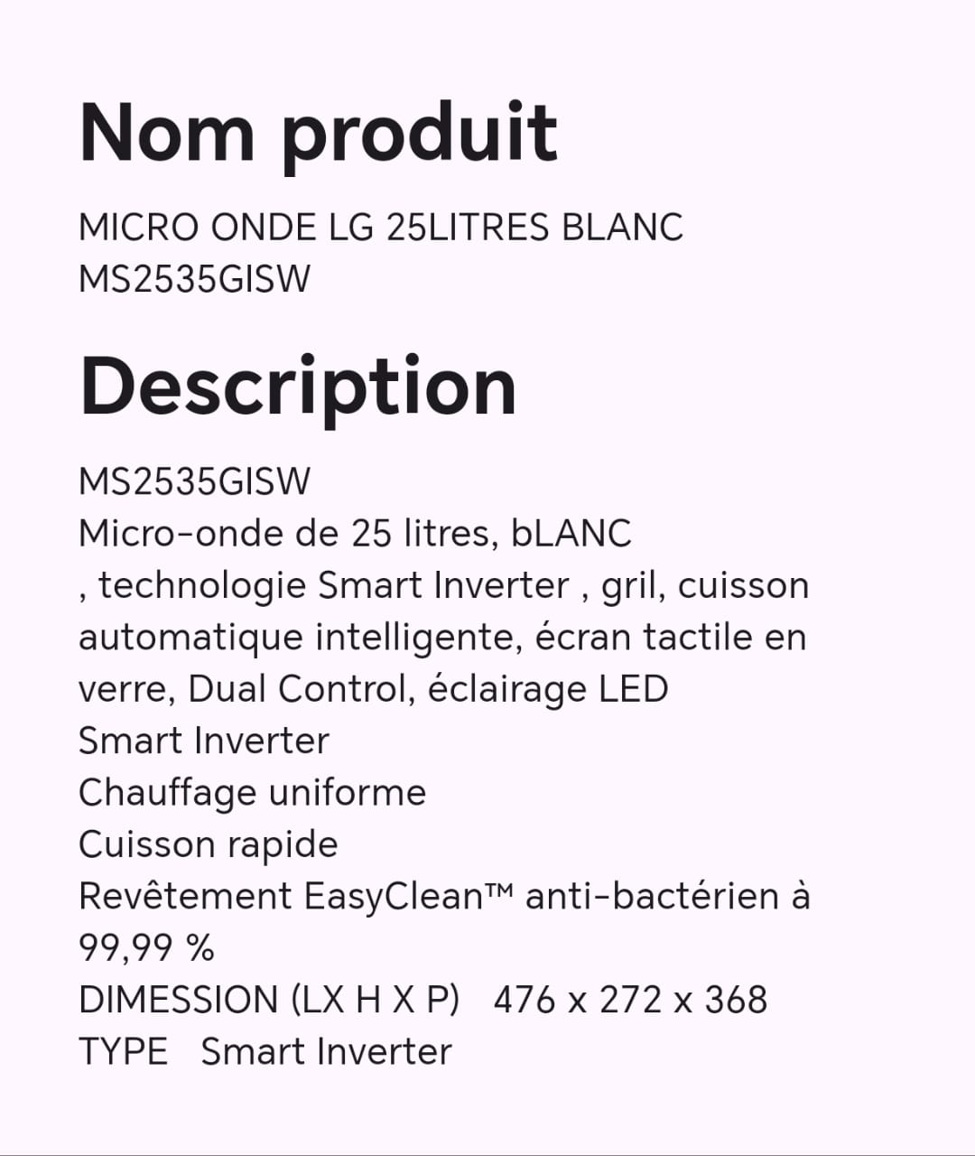 MICRO ONDE LG 25LITRES BLANC MS2535GISW MICRO ONDE LG 25LITRES BLANC MS2535GISW