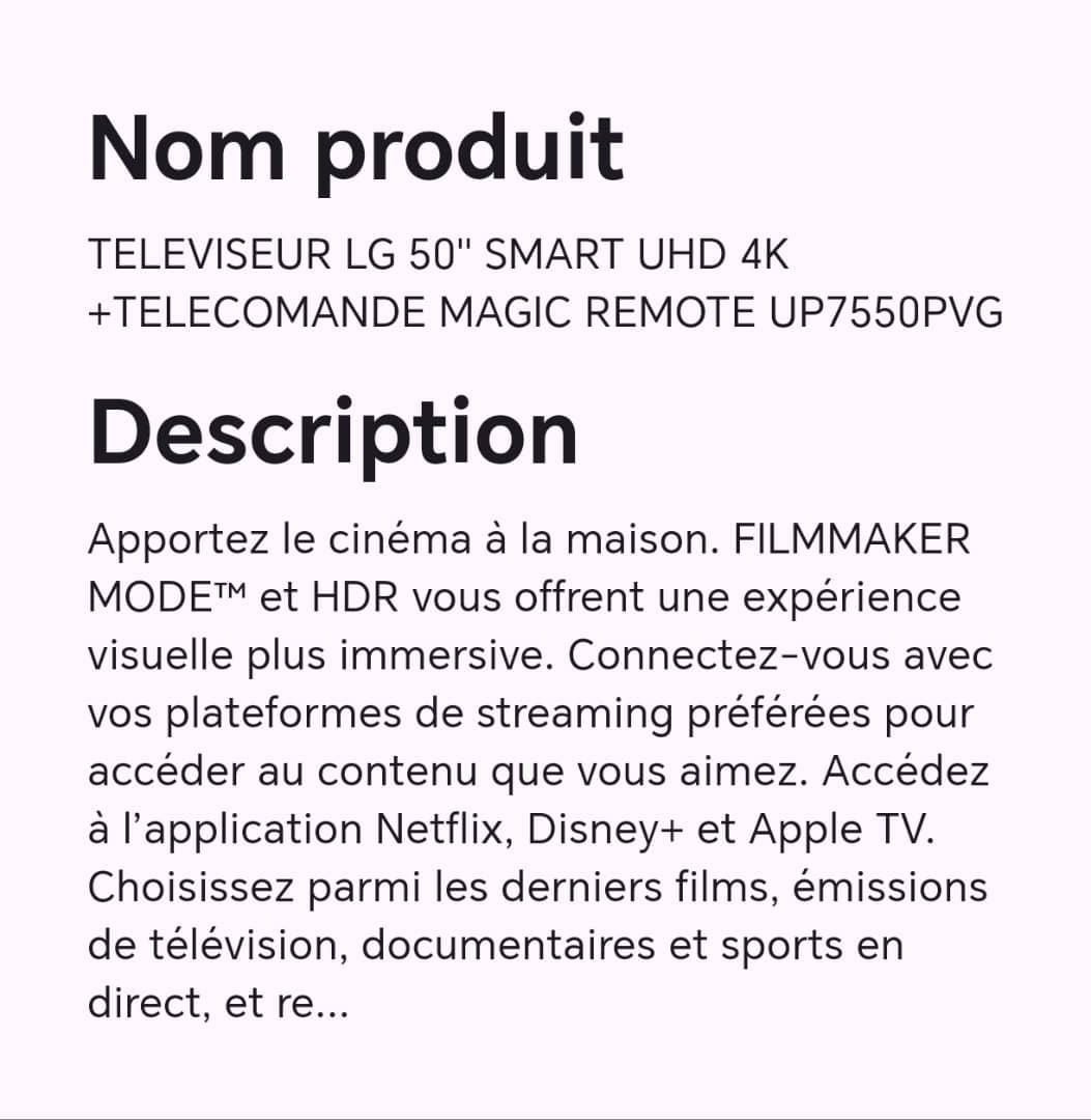 TELEVISEUR LG 50" SMART UHD 4K + TELECOMANDE MAGIC REMOTE UP7550PVG TELEVISEUR LG 50" SMART UHD 4K + TELECOMANDE MAGIC REMOTE UP7550PVG