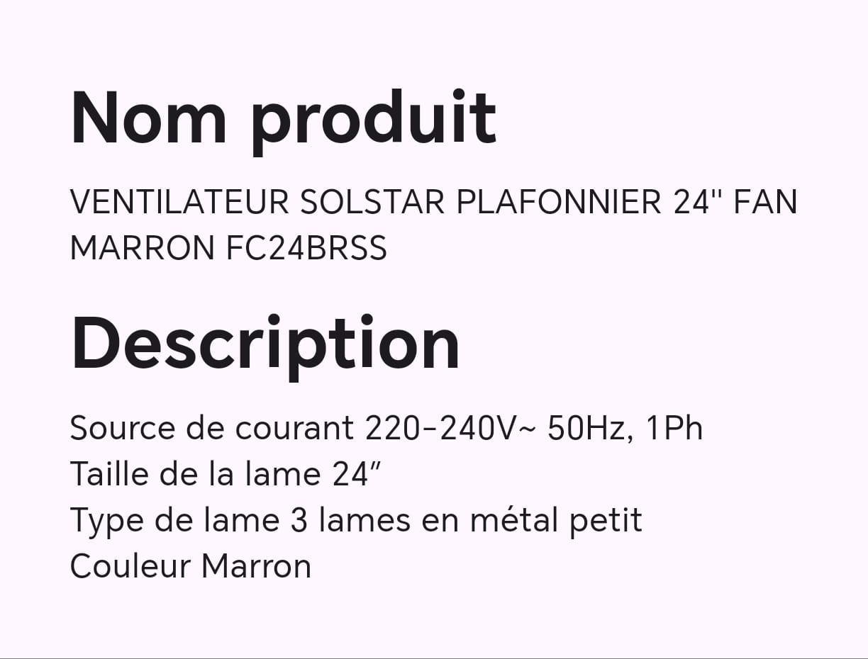 VENTILATEUR SOLSTAR PLAFONNIER 24'' FAN MARRON FC24BRSS VENTILATEUR SOLSTAR PLAFONNIER 24'' FAN MARRON FC24BRSS