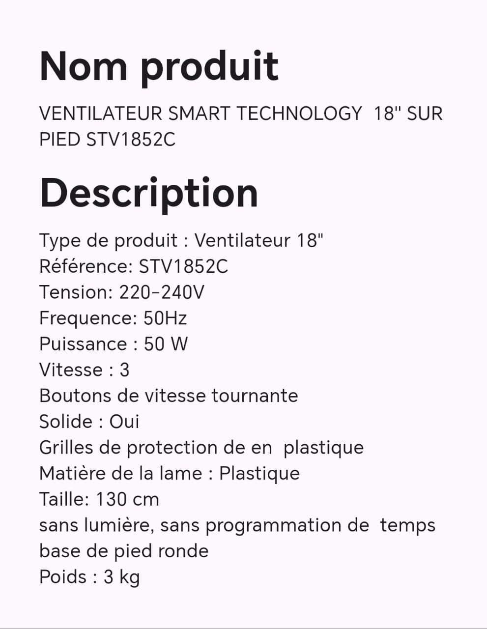 VENTILATEUR SMART TECHNOLOGY 18" SUR PIED STV1852C VENTILATEUR SMART TECHNOLOGY 18" SUR PIED STV1852C