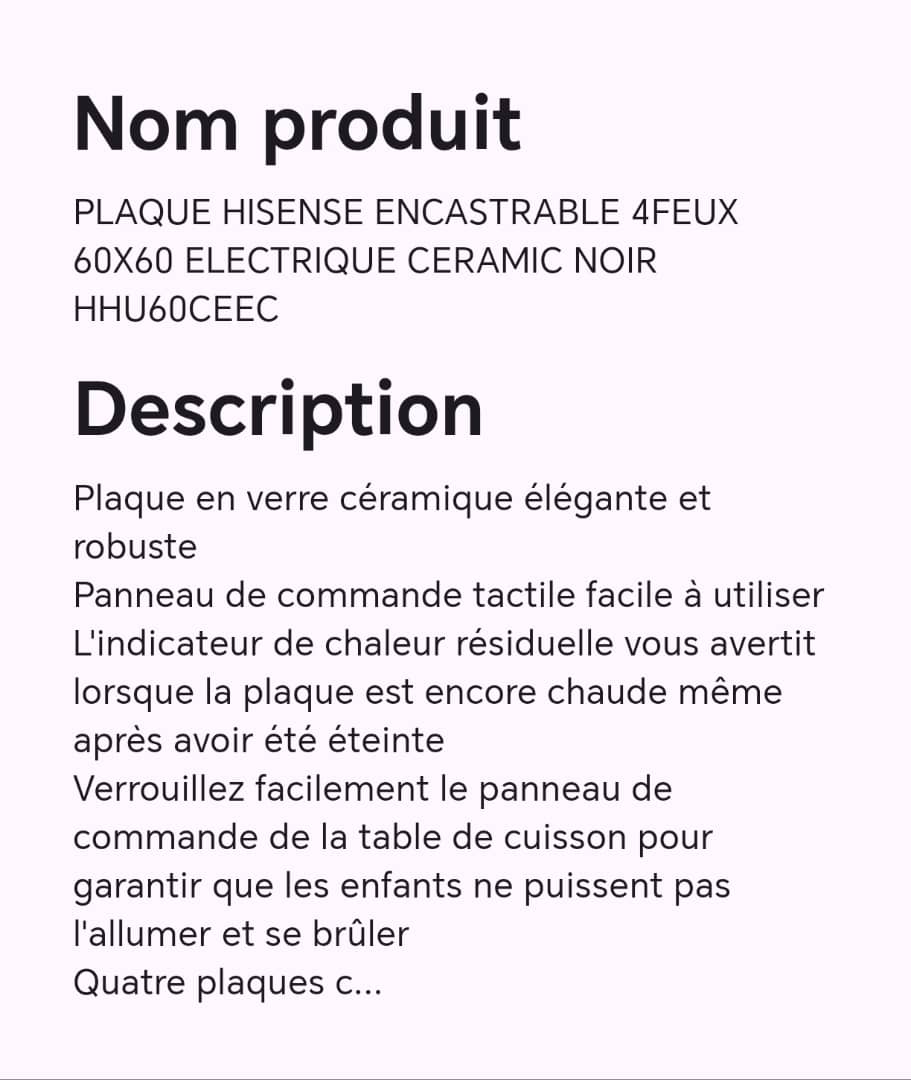 PLAQUE HISENSE ENCASTRABLE 4FEUX 60X60 ELECTRIQUE CERAMIC NOIR HHU60CEEC PLAQUE HISENSE ENCASTRABLE 4FEUX 60X60 ELECTRIQUE CERAMIC NOIR HHU60CEEC