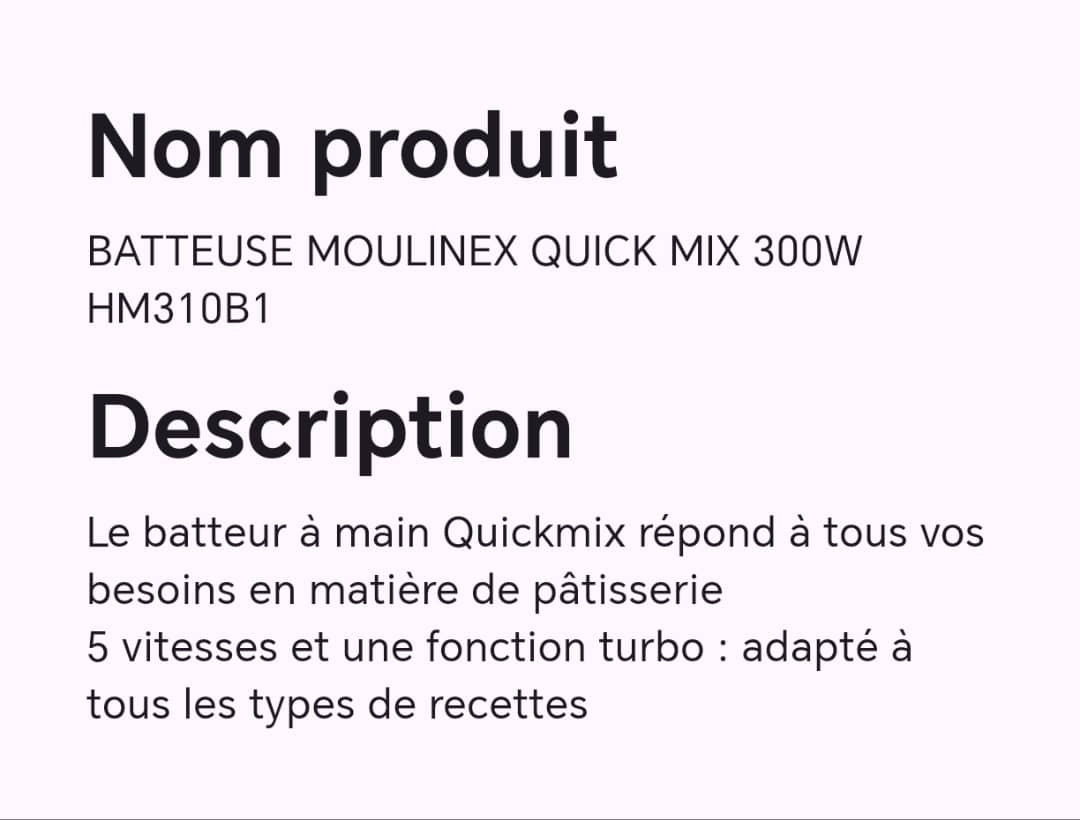 Batteuse moulinex quick mix 300w HM310B1 Batteuse moulinex quick mix 300w HM310B1