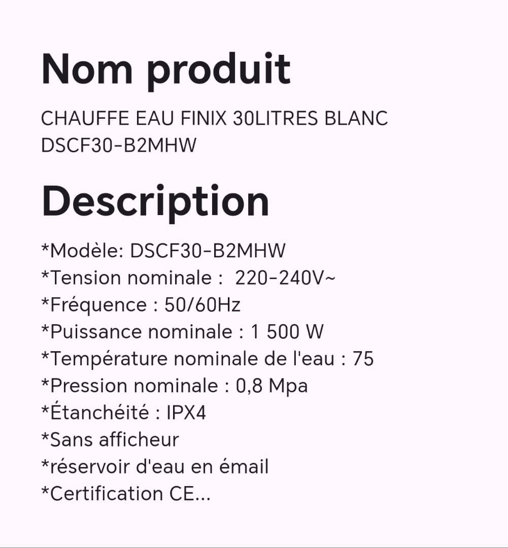 CHAUFFE EAU FINIX 30LITRES BLANC DSCF30-B2MHW CHAUFFE EAU FINIX 30LITRES BLANC DSCF30-B2MHW