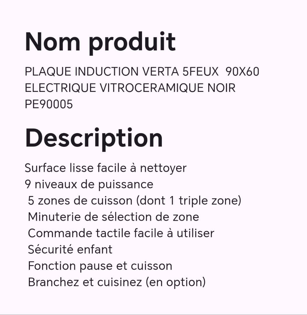 PLAQUE INDUCTION VERA 5FEUX 90X60 ELECTRIQUE VITROCERAMIQUE NOIR PE90005 PLAQUE INDUCTION VERA 5FEUX 90X60 ELECTRIQUE VITROCERAMIQUE NOIR PE90005