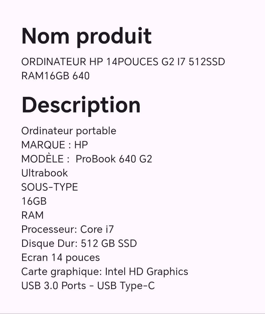 ORDINATEUR HP 14POUCES G2 I7 512SSD RAM16GB 640 ORDINATEUR HP 14POUCES G2 I7 512SSD RAM16GB 640