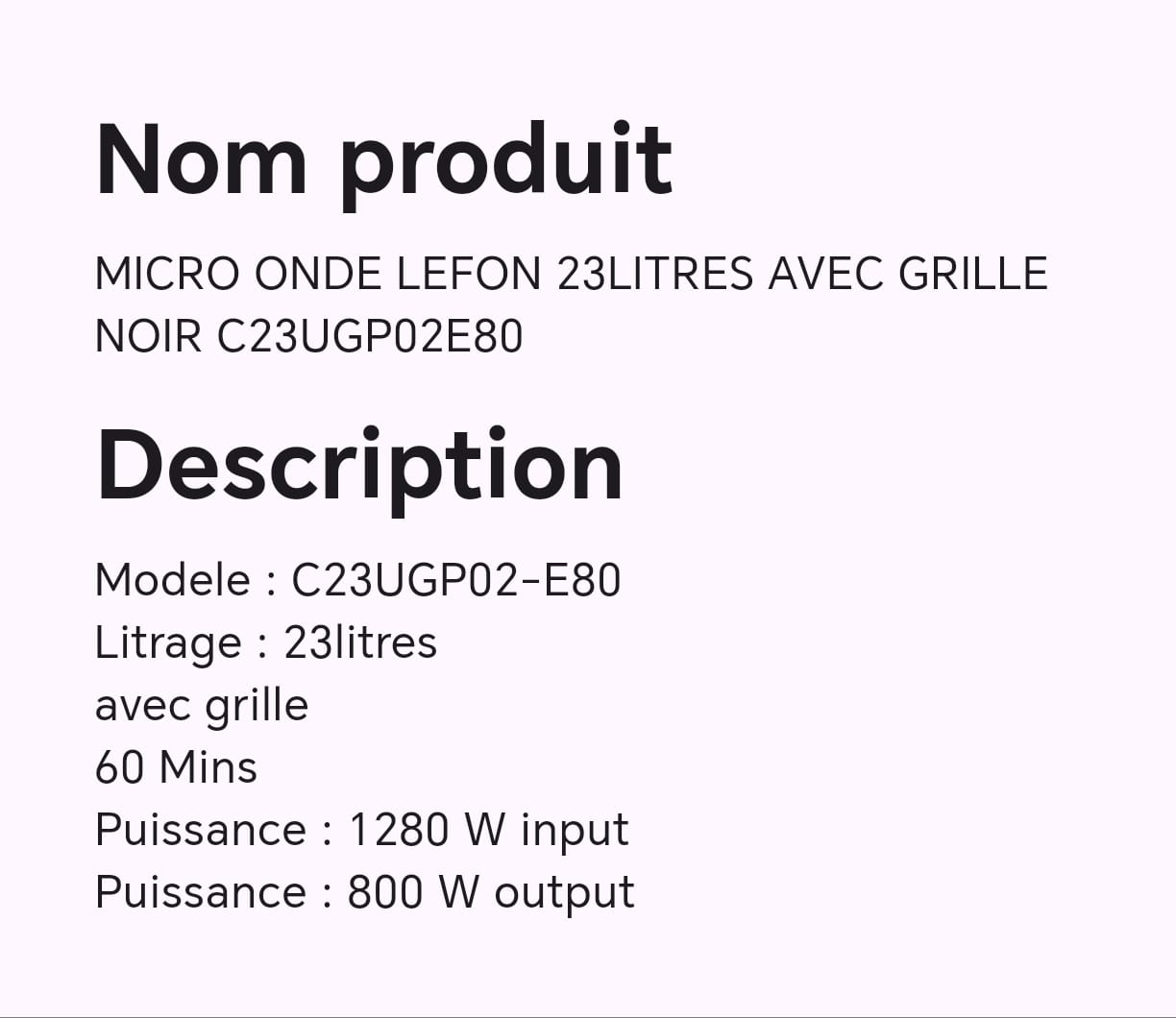 MICRO ONDE LEFON 23 LITRES AVEC GRILLE NOIR C23UGP02E80 MICRO ONDE LEFON 23 LITRES AVEC GRILLE NOIR C23UGP02E80