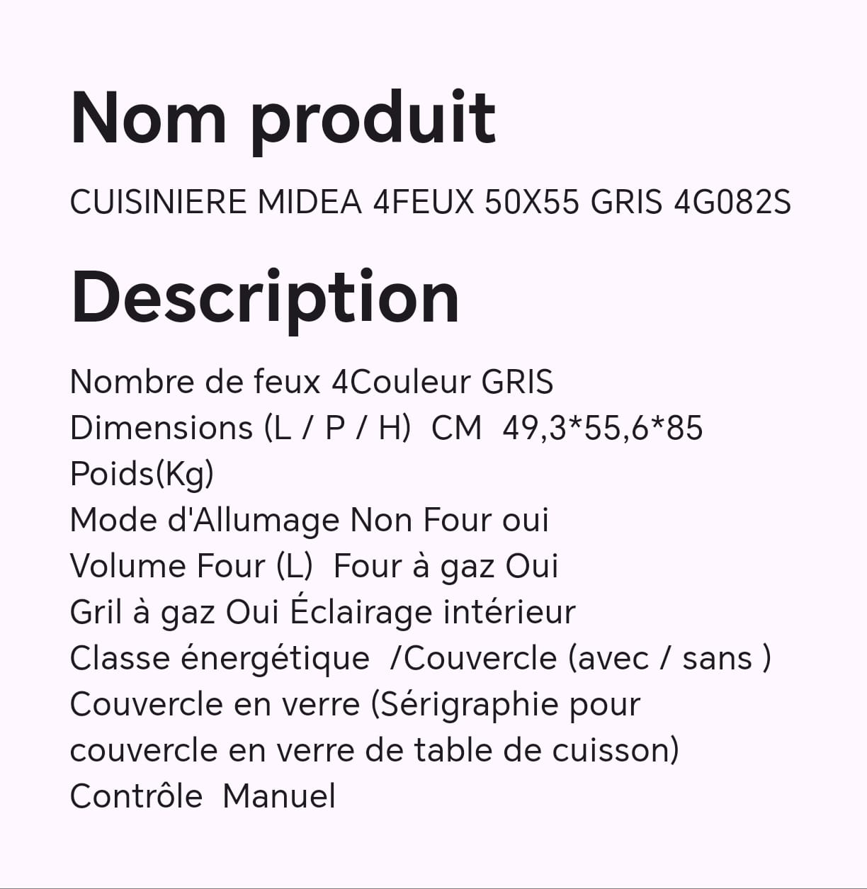 CUISINIERE MIDEA 4FEUX 50X55 GRIS 4G082S CUISINIERE MIDEA 4FEUX 50X55 GRIS 4G082S