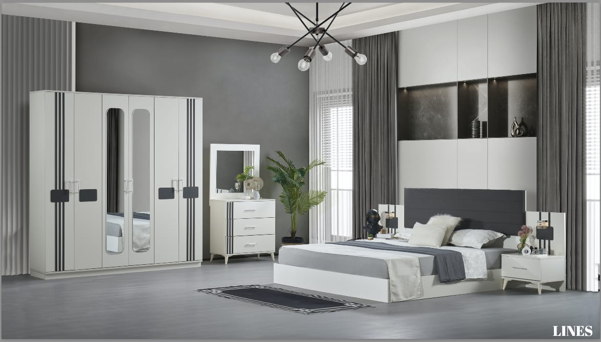 CHAMBRE A COUCHER 6BATTANTS 4PIECES BLANC GRIS LINES CHAMBRE A COUCHER 6BATTANTS 4PIECES BLANC GRIS LINES