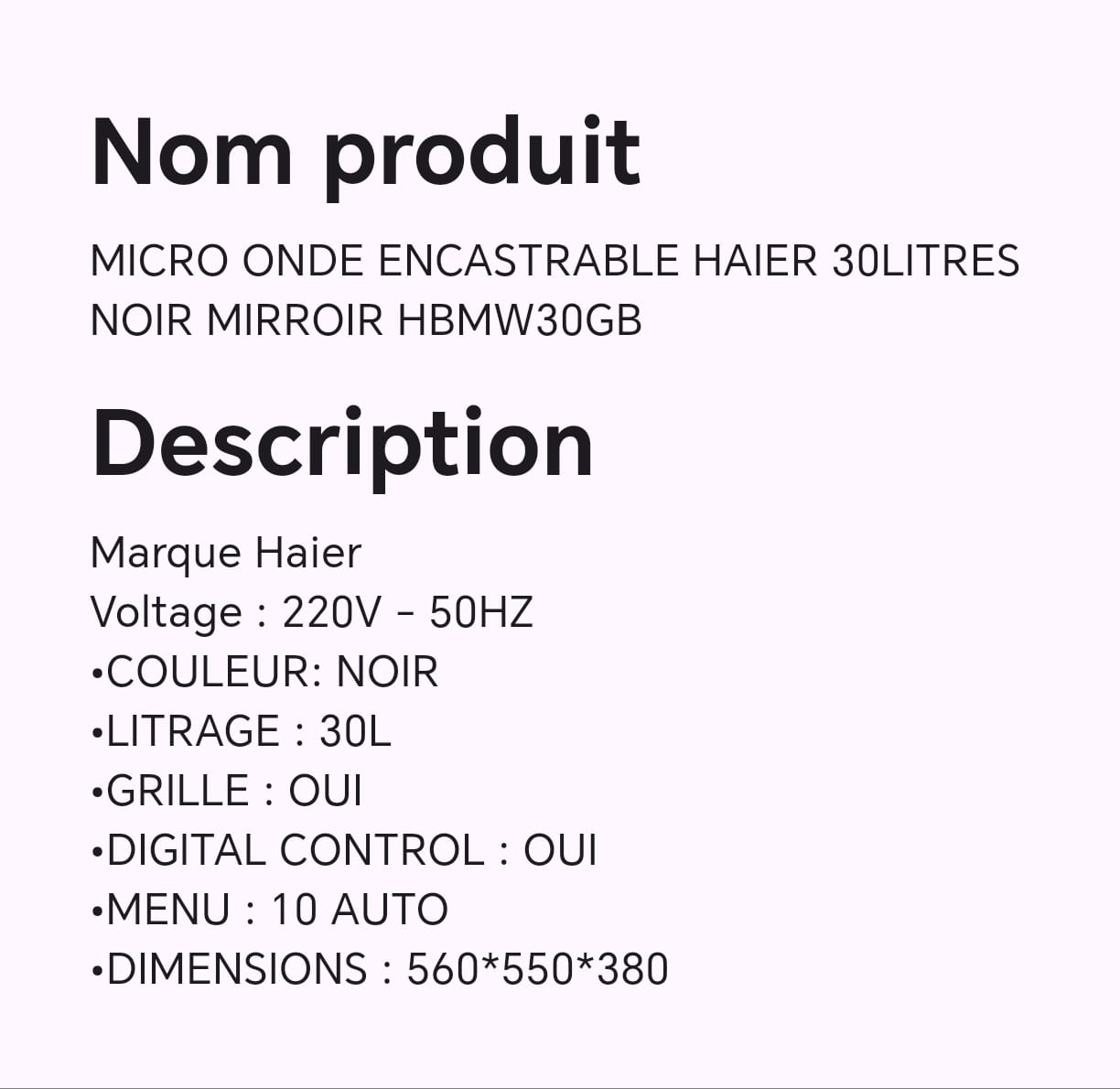 MICRO ONDE ENCASTRABLE HAIER 30LITRES NOIR MIROIR HBMW30GB MICRO ONDE ENCASTRABLE HAIER 30LITRES NOIR MIROIR HBMW30GB