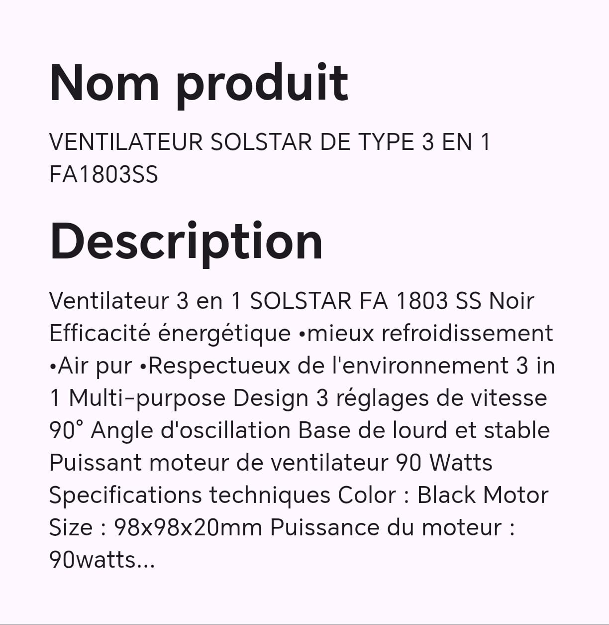 VENTILATEUR SOLSTAR DE TYPE 3 EN 1 FA1803SS VENTILATEUR SOLSTAR DE TYPE 3 EN 1 FA1803SS