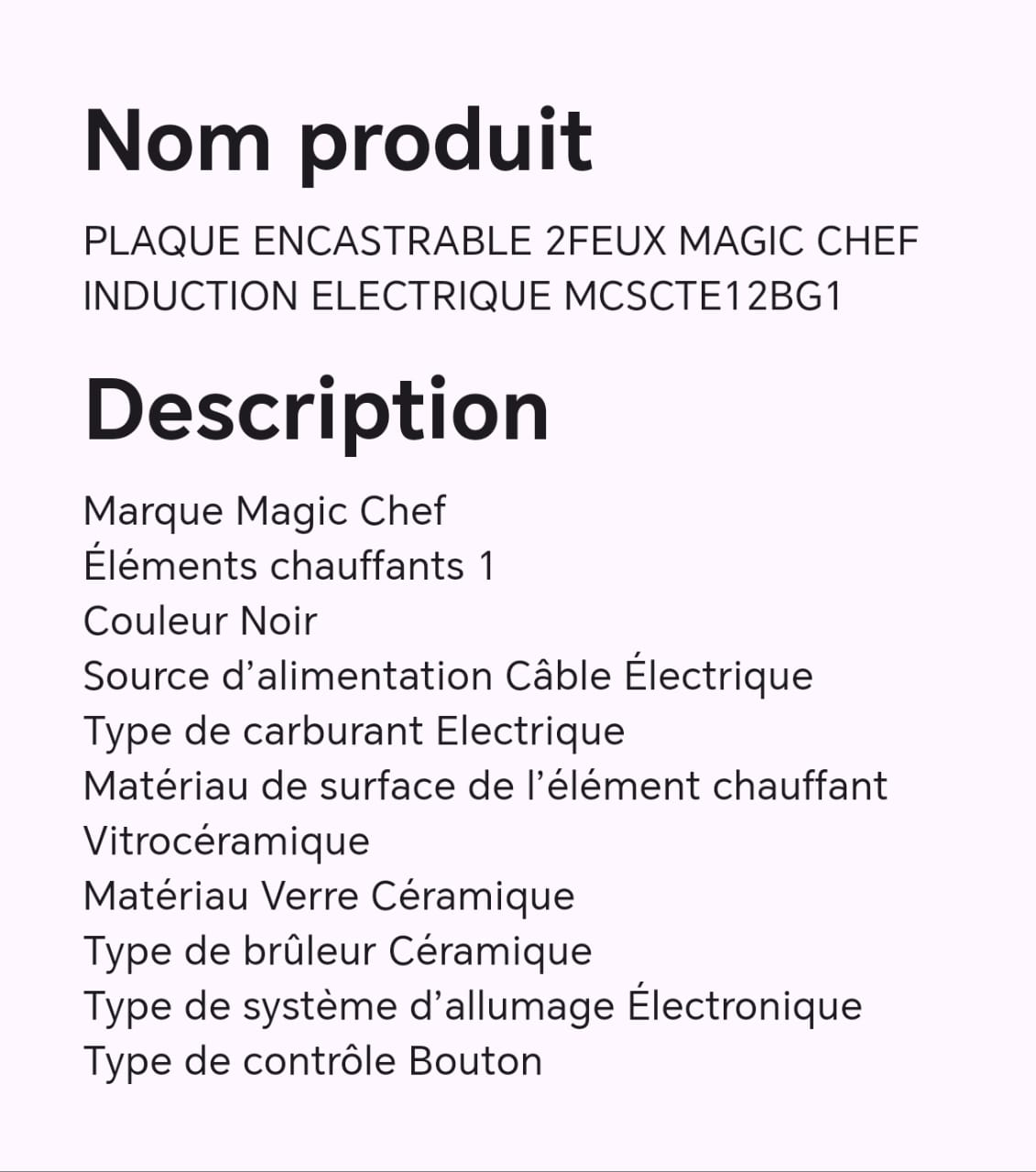 PLAQUE ENCASTRABLE 2FEUX MAGIC CHEF INDUCTION ELECTRIQUE MCSCTE12BG1 PLAQUE ENCASTRABLE 2FEUX MAGIC CHEF INDUCTION ELECTRIQUE MCSCTE12BG1