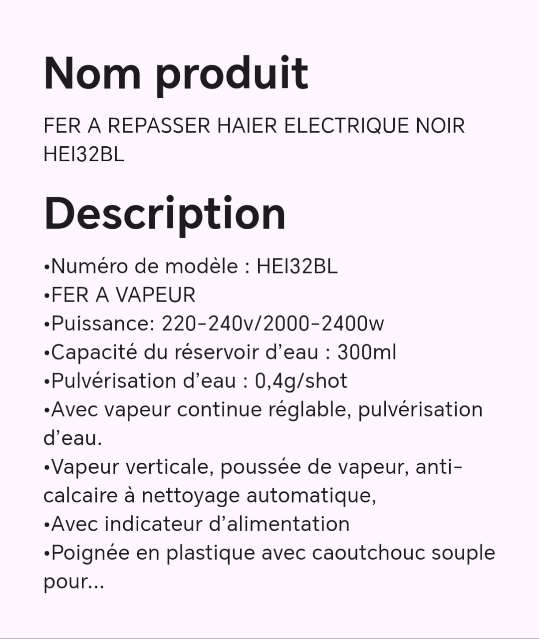 FER A REPASSER HAIER ELECTRIQUE NOIR HEI32BL FER A REPASSER HAIER ELECTRIQUE NOIR HEI32BL