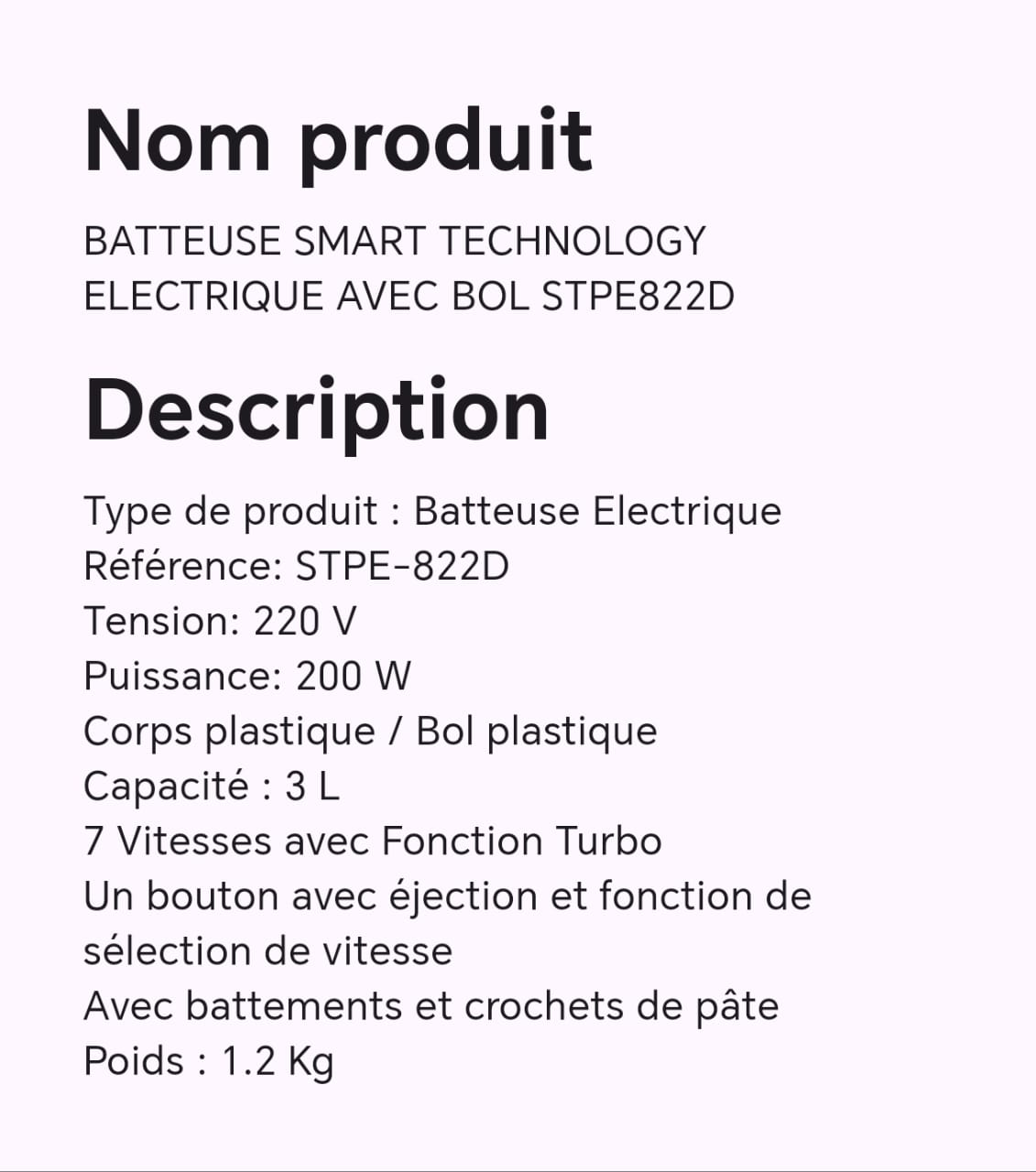 BATTEUSE SMART TECHNOLOGY ELECTRIQUE AVEC BOL STPE822D BATTEUSE SMART TECHNOLOGY ELECTRIQUE AVEC BOL STPE822D