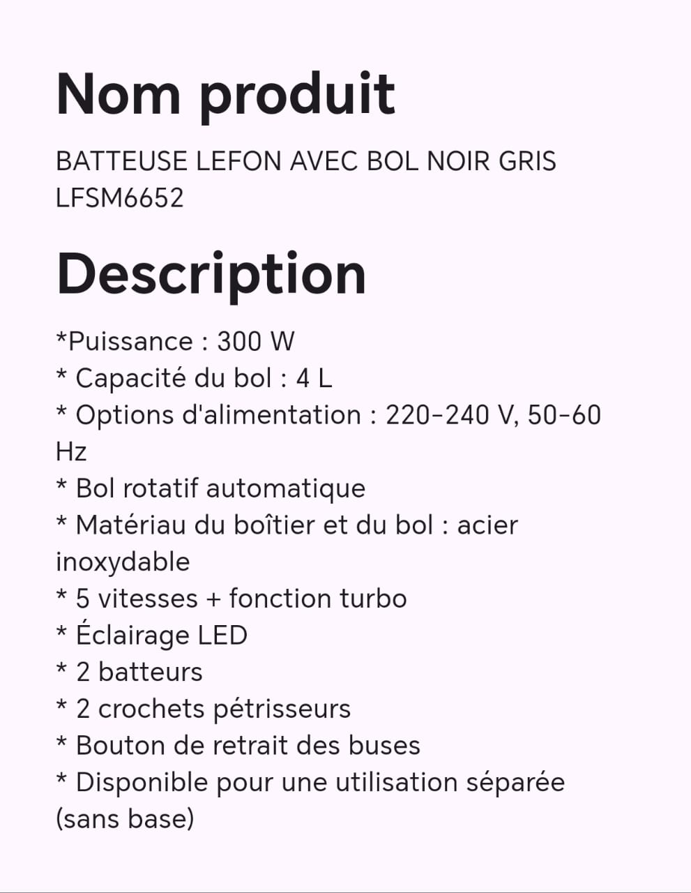 BATTEUSE LEFON AVEC BOL NOIR GRIS LFSM6652 BATTEUSE LEFON AVEC BOL NOIR GRIS LFSM6652