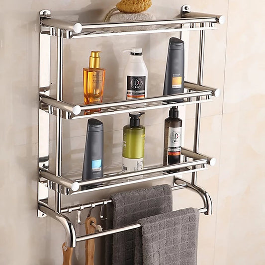 Étagère murale chromée pour salle de bain avec porte-serviettes et crochet. Organisateur de douche avec porte-serviettes et crochet.