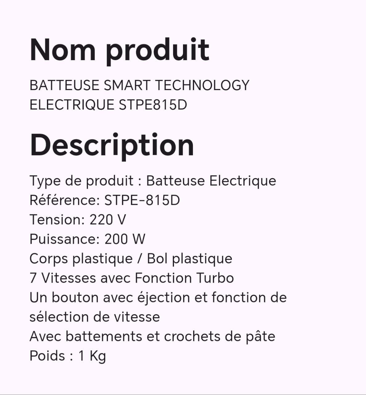 BATTEUSE SMART TECHNOLOGY ELECTRIQUE STPE815D BATTEUSE SMART TECHNOLOGY ELECTRIQUE STPE815D