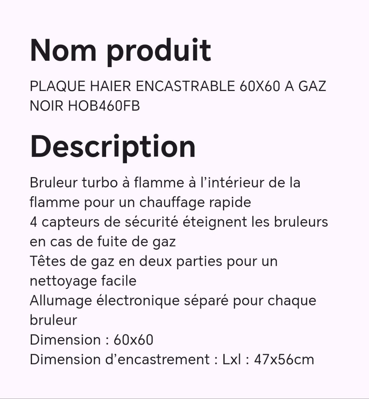 PLAQUE HAIER ENCASTRABLE 60X60 A GAZ NOIR HOB460FB PLAQUE HAIER ENCASTRABLE 60X60 A GAZ NOIR HOB460FB