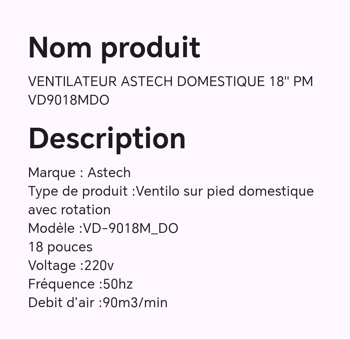 VENTILATEUR ASTECH DOMESTIQUE 18" PMVD9018MDO VENTILATEUR ASTECH DOMESTIQUE 18" PMVD9018MDO