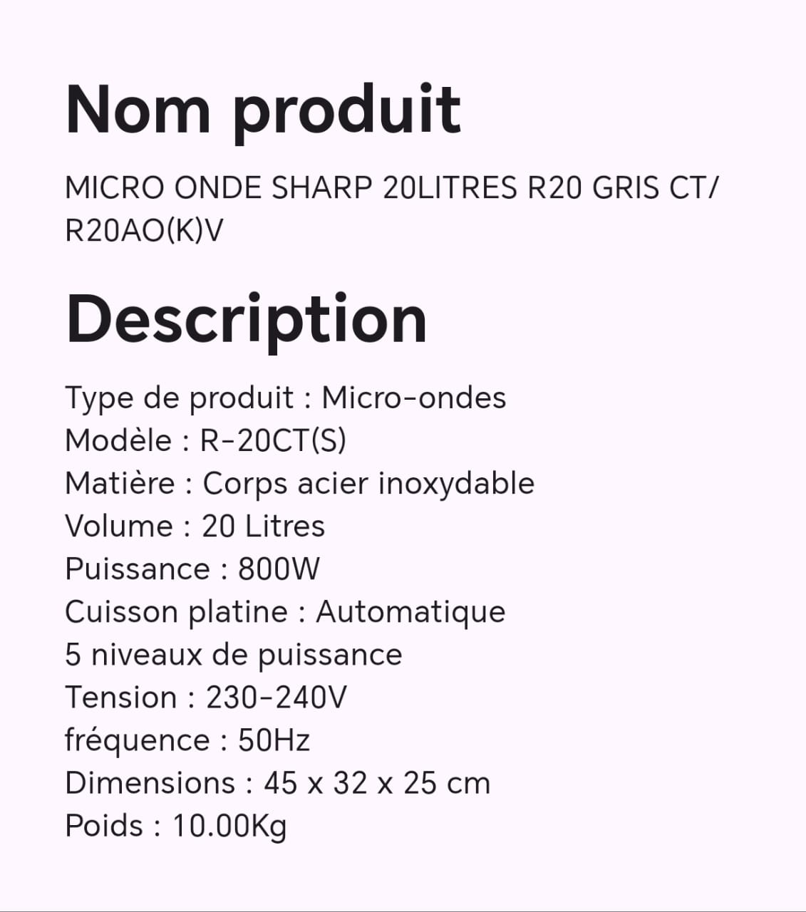 MICRO ONDE SHARP 20LITRES R20 GRIS CT/R20A0(K)V MICRO ONDE SHARP 20LITRES R20 GRIS CT/R20A0(K)V