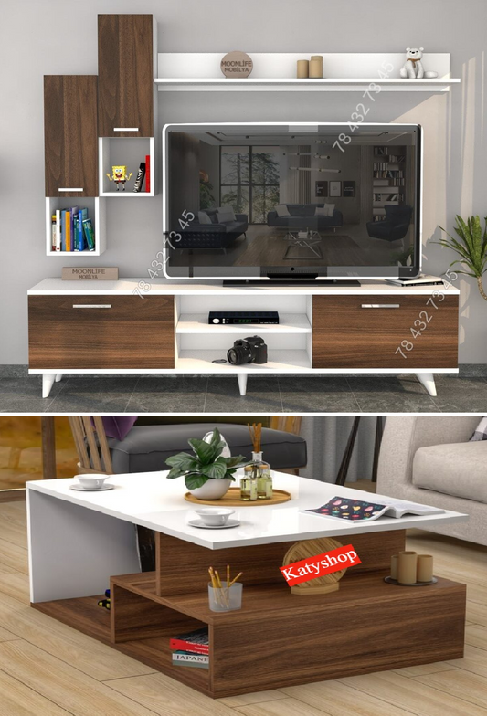 Meuble TV Blanc Marron - 1m80 + Table Basse