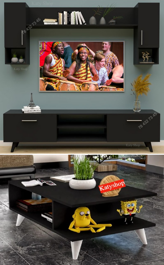 Meuble TV Noir - 1m80 + Table Basse