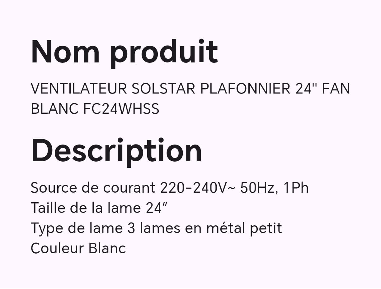 VENTILATEUR SOLSTAR PLAFONNIER 24'' FAN BLANC FC24WHSS VENTILATEUR SOLSTAR PLAFONNIER 24'' FAN BLANC FC24WHSS
