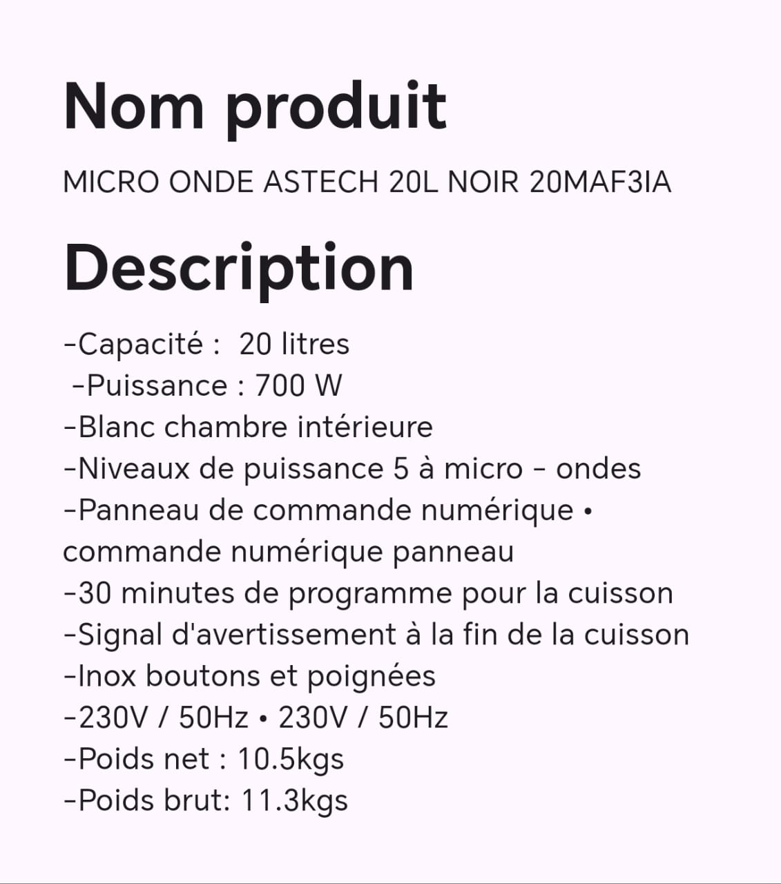 MICRO ONDE ASTECH 2OL NOIR 20MAF3IA MICRO ONDE ASTECH 2OL NOIR 20MAF3IA