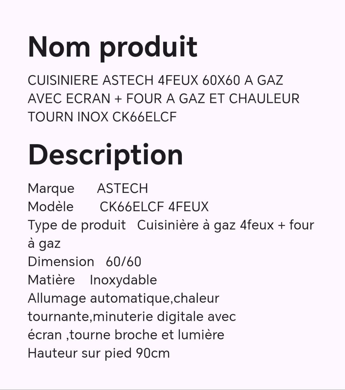 CUISINIERE ASTECH 4FEUX 60X60 A GAZ AVEC ECRAN + FOUR A GAZ ET CHAULEUR TOURN INOX CK66ELCF CUISINIERE ASTECH 4FEUX 60X60 A GAZ AVEC ECRAN + FOUR A GAZ ET CHAULEUR TOURN INOX CK66ELCF
