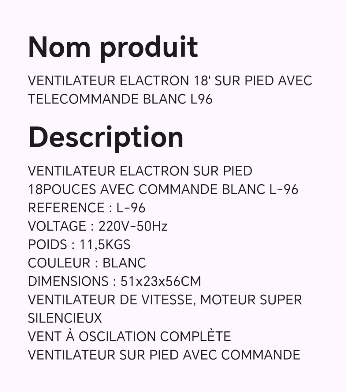 VENTILATEUR ELACTRON 18' SUR PIED AVEC TELECOMMANDE BLANC L96 VENTILATEUR ELACTRON 18' SUR PIED AVEC TELECOMMANDE BLANC L96