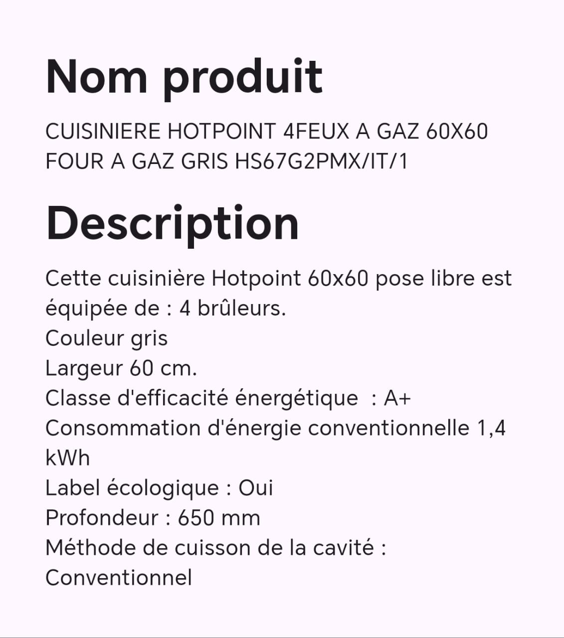 CUISINIERE HOTPOINT 4FEUX A GAZ 60X60 FOUR A GAZ GRIS HS67G2PMX/IT/1 CUISINIERE HOTPOINT 4FEUX A GAZ 60X60 FOUR A GAZ GRIS HS67G2PMX/IT/1