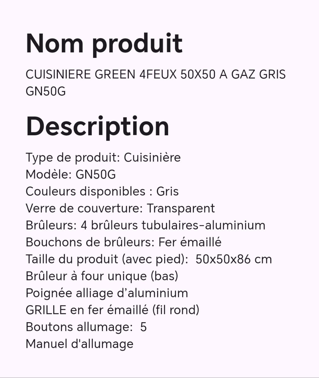 CUISINIERE GREEN 4FEUX 50X50 A GAZ GRIS GN50G CUISINIERE GREEN 4FEUX 50X50 A GAZ GRIS GN50G