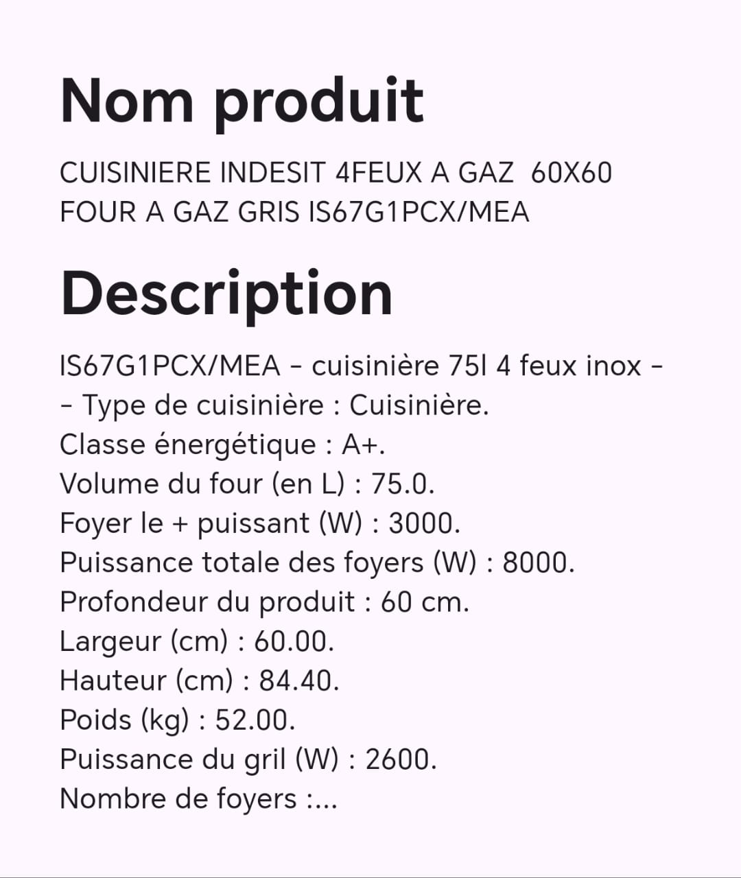 CUISINIERE INDESIT 4FEUX A GAZ 60X60 FOUR A GAZ GRIS IS67G1PCX/MEA CUISINIERE INDESIT 4FEUX A GAZ 60X60 FOUR A GAZ GRIS IS67G1PCX/MEA