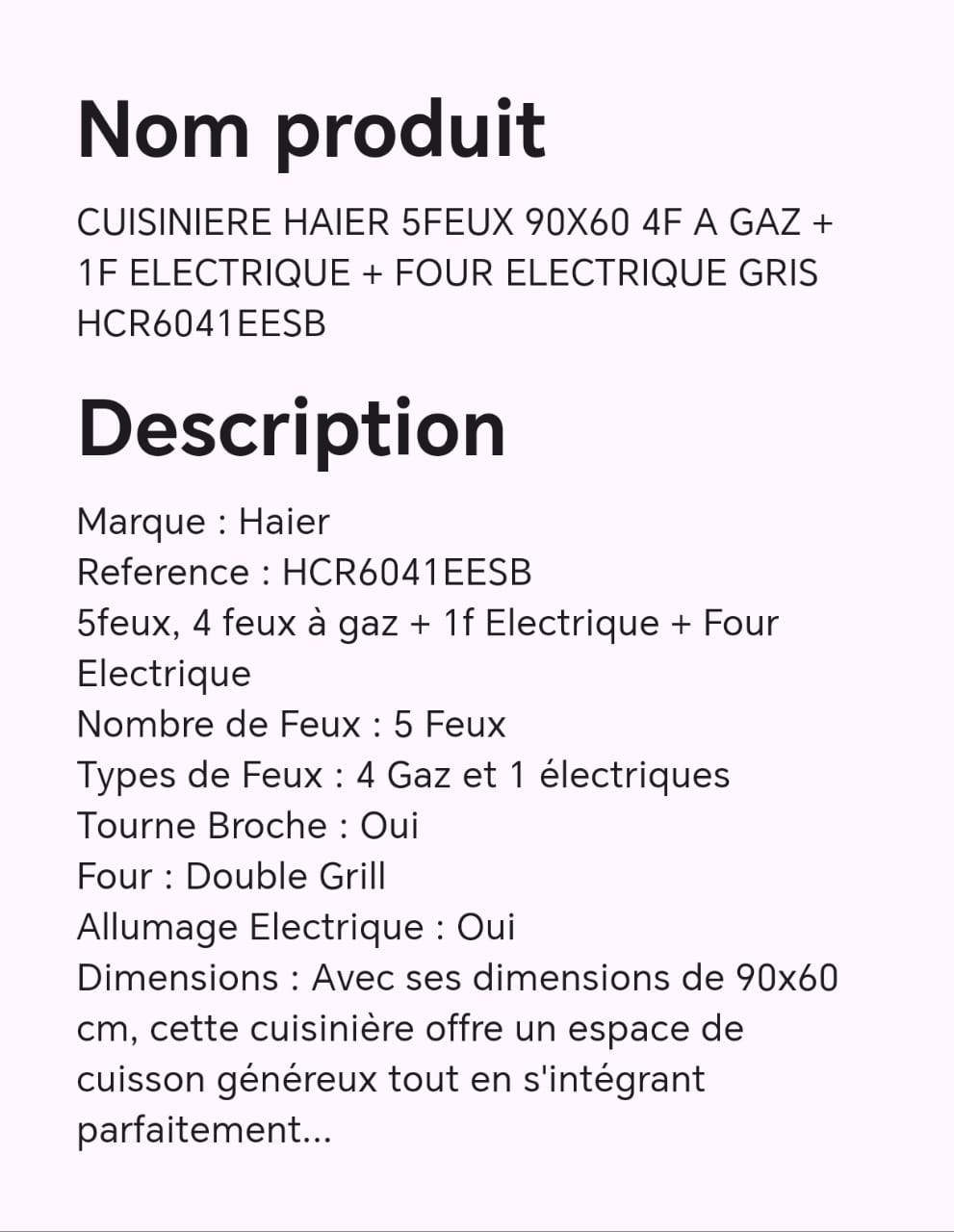 CUISINIERE HAIER 5FEUX 90X60: 4FEUX A GAZ + 1FEU ELECTRIQUE + FOUR ELECTRIQUE GRIS HCR6041EESB CUISINIERE HAIER 5FEUX 90X60: 4FEUX A GAZ + 1FEU ELECTRIQUE + FOUR ELECTRIQUE GRIS HCR6041EESB