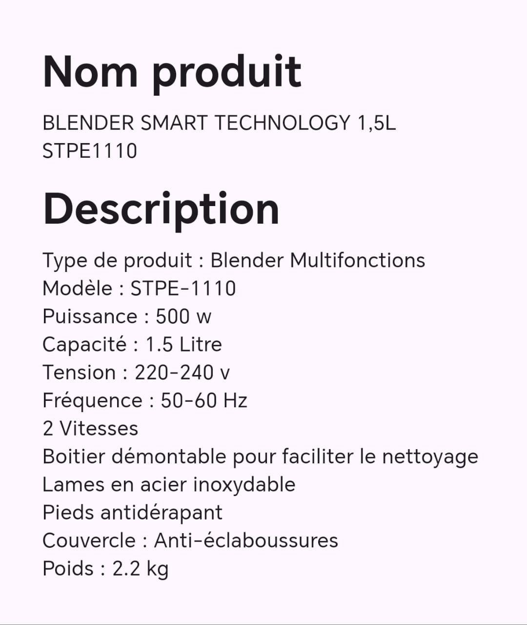 MIXEUR BLENDER SMART TECHNOLOGY 1,5L STPE1110 MIXEUR BLENDER SMART TECHNOLOGY 1,5L STPE1110