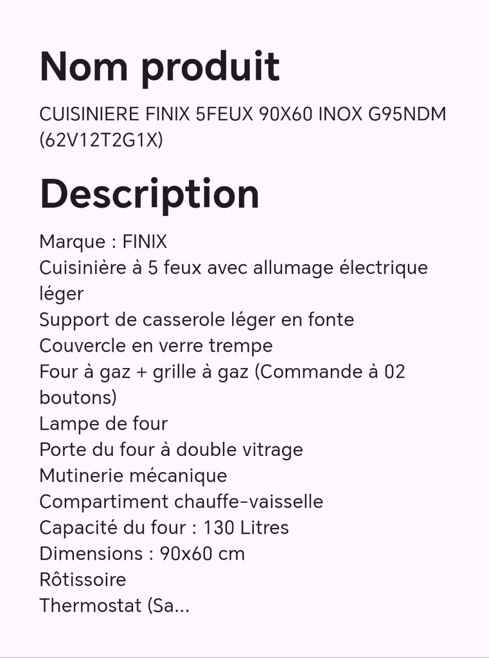 CUISINIERE FINIX 5FEUX 90X60 INOX G95NDM (62V12T2G1X) CUISINIERE FINIX 5FEUX 90X60 INOX G95NDM (62V12T2G1X)