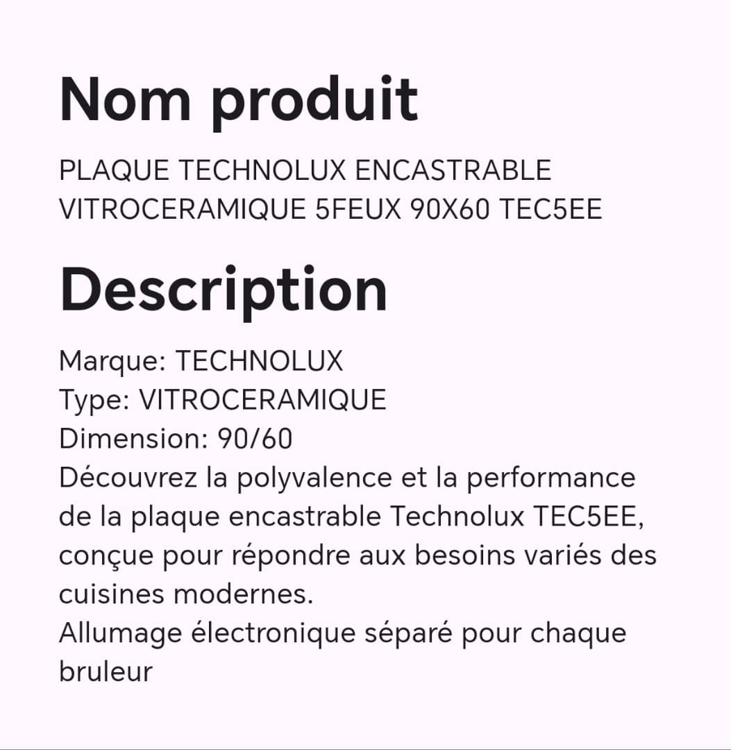 PLAQUE TECHNOLUX ENCASTRABLE VITROCERAMIQUE 5FEUX 90X60 TEC5EE PLAQUE TECHNOLUX ENCASTRABLE VITROCERAMIQUE 5FEUX 90X60 TEC5EE