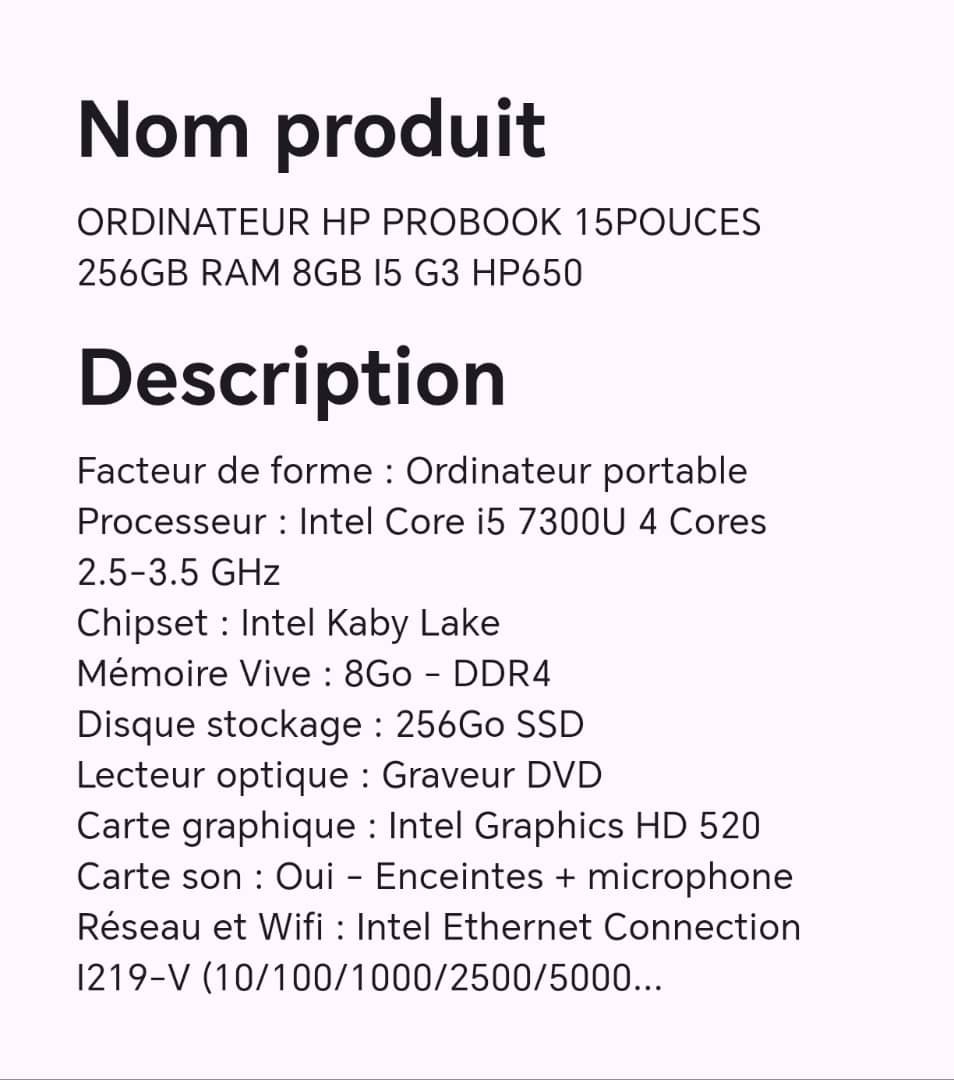 ORDINATEUR HP PROBOOK 15POUCES 256GB 8GB I5 G3 HP650 ORDINATEUR HP PROBOOK 15POUCES 256GB 8GB I5 G3 HP650