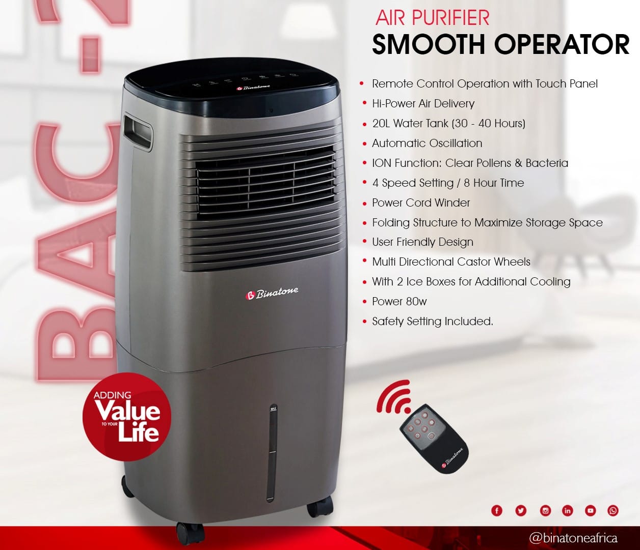 VENTILATEUR BINATONE A EAU HUMIDIFICATEUR 20LITRES BAC20L VENTILATEUR BINATONE A EAU HUMIDIFICATEUR 20LITRES BAC20L