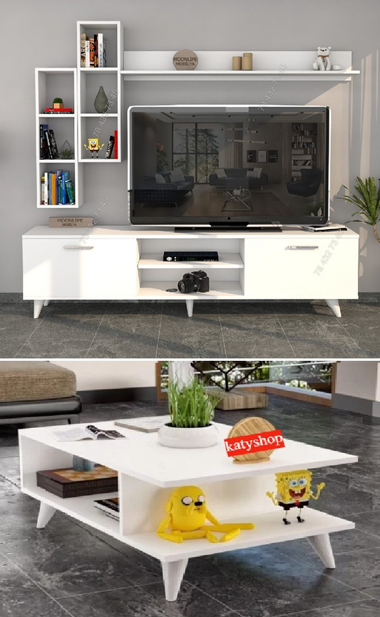 Meuble TV Blanc - 1m80 + Table Basse