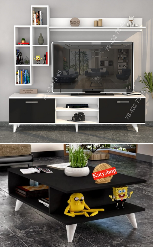 Meuble TV Noir & Blanc - 1m80 + Table Basse