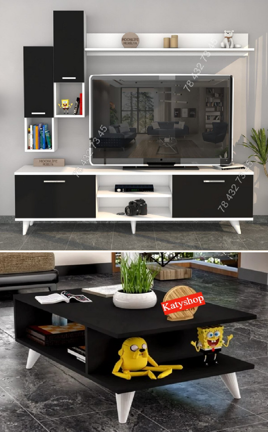 Meuble TV Noir & Blanc - 1m80 + Table Basse