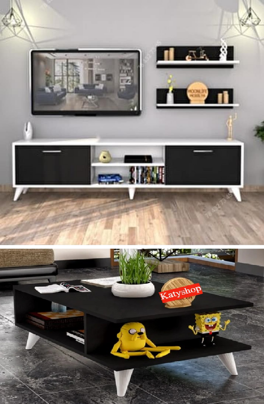 Meuble TV Noir & Blanc - 1m50 + Table Basse
