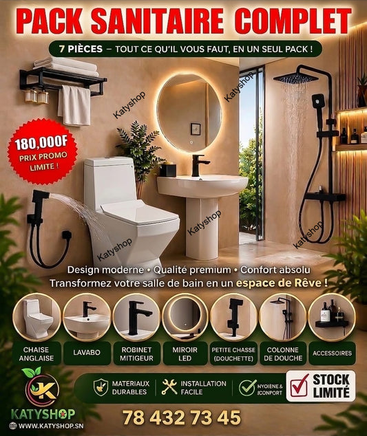 Pack sanitaire Complet: 7 Pièces Pour votre salle de bain et Toilettes
