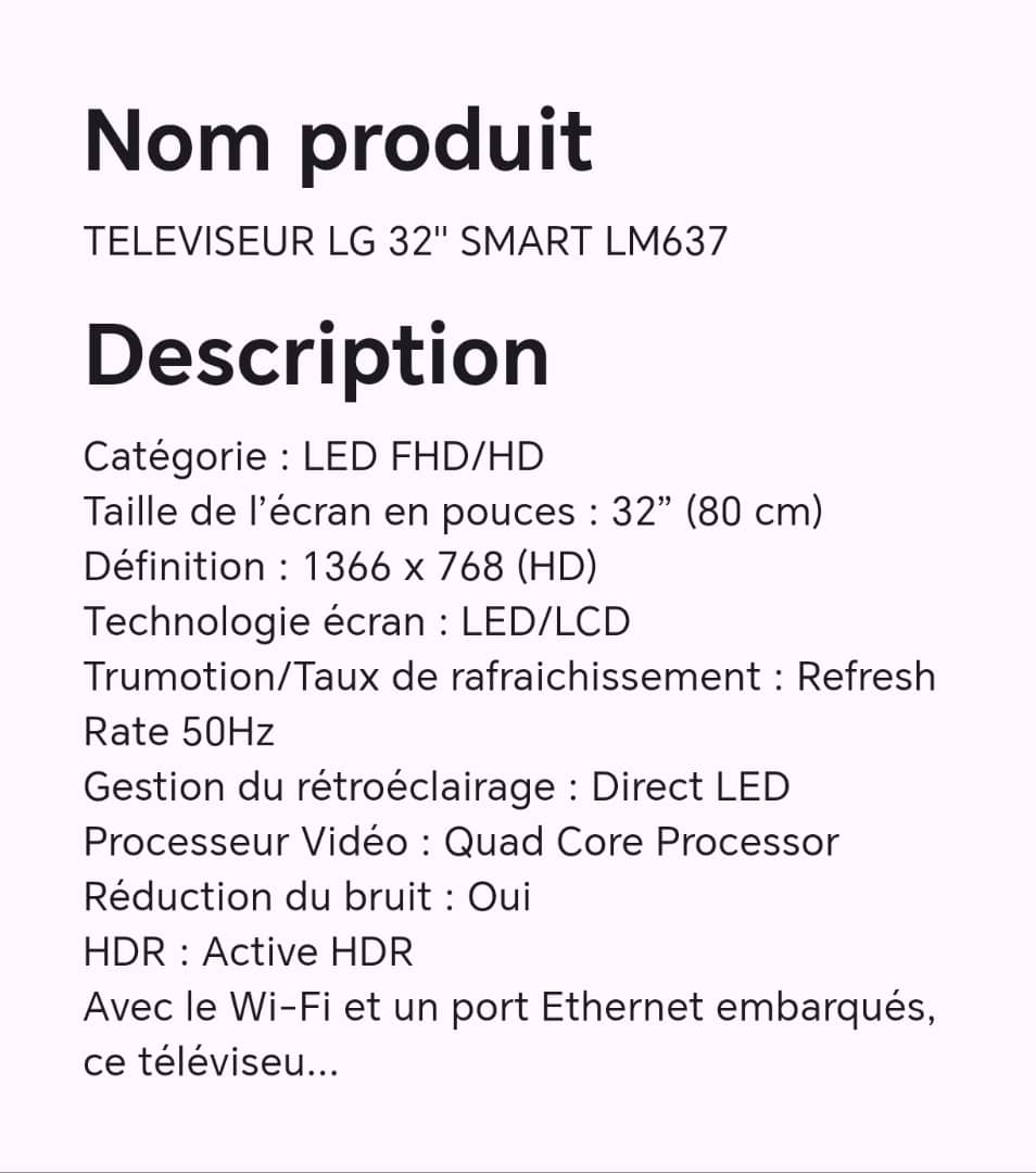 TELEVISEUR LG 32" SMART LM637 TELEVISEUR LG 32" SMART LM637