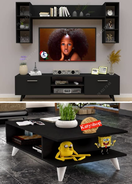 Meuble TV Noir - 1m80 + Table Basse