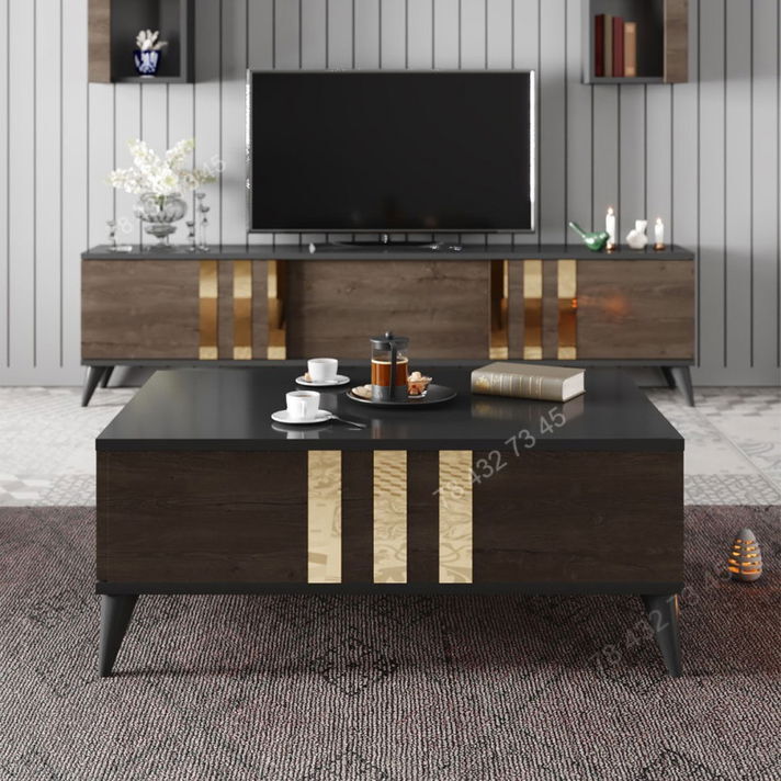 Meuble TV + Table Basse - Marron & Noir - 1m80 Meuble TV + Table Basse - Marron & Noir - 1m80
