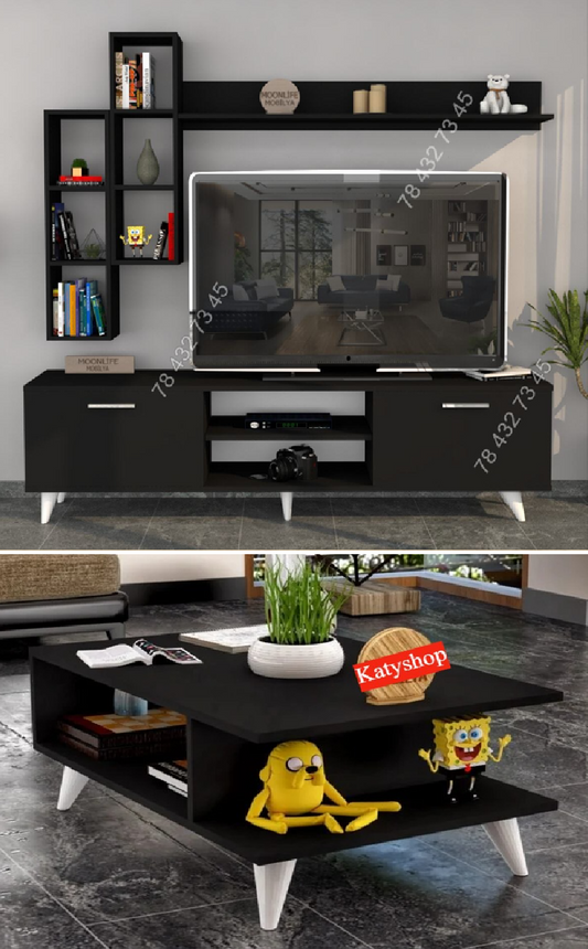 Meuble TV Noir - 1m80 + Table Basse