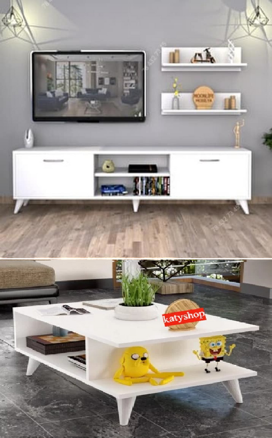 Meuble TV Blanc - 1m50 + Table Basse